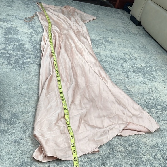 NWT Luxely Asymmetric Satin Maxi Dress Ruffle Sleeve Gathered Waist Blush Sz 8 - Picture 11 of 14